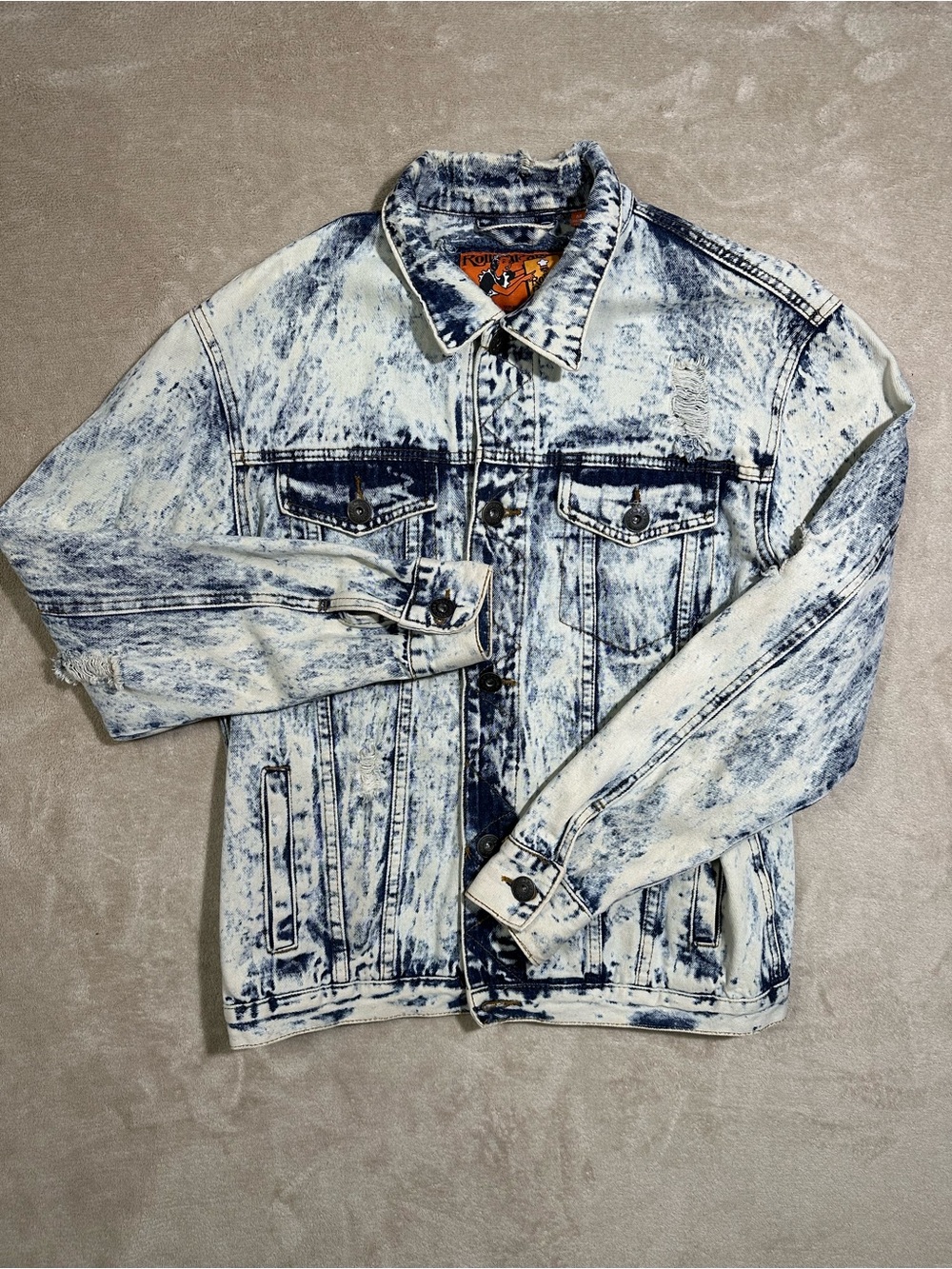 Rolling Paper Distressed Acid Wash Denim Jacket Blue White Streetwear